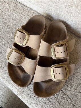 Birkenstock Double Strap Sandals in Beige with Gold Buckles